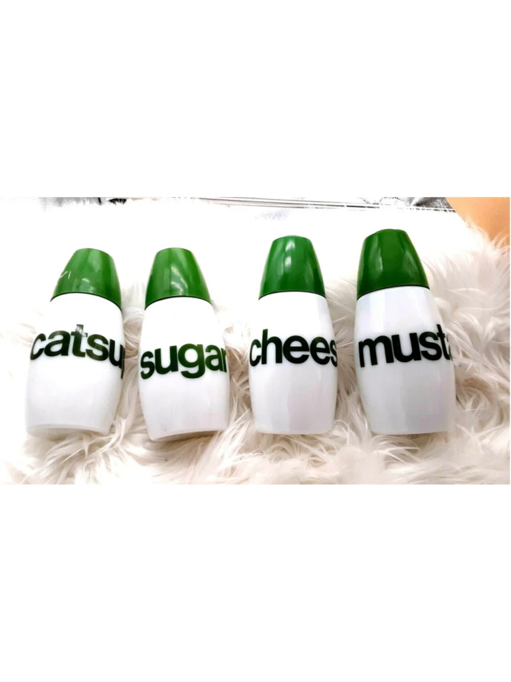 Vintage Condiment Set Green & White 4 piece set Cheese, Mustard, Catsup, Sugar